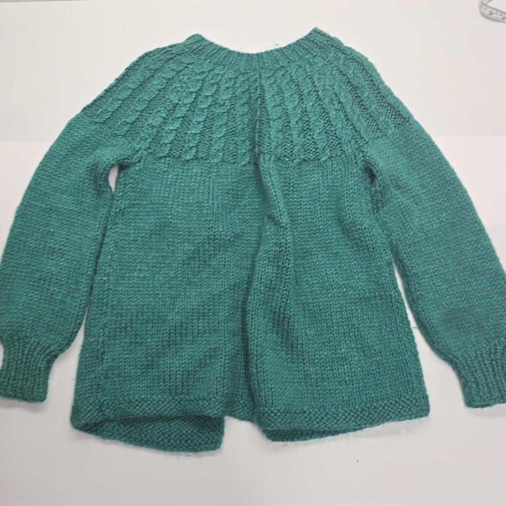 Vintage Hand Knit Teal Wool Blend Cable Yoke Open Front Cardigan Sweater Pockets